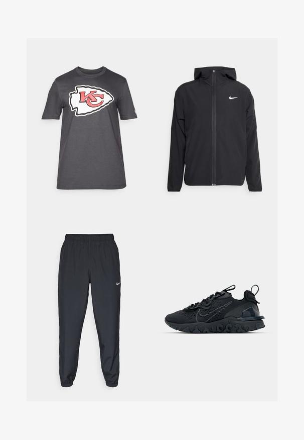 Casaco Nike preto com capuz, fecho frontal completo e um logótipo branco discreto no lado esquerdo do peito. Textura suave e design leve.; T-shirt cinza de manga curta com um grande logotipo branco e vermelho dos Kansas City Chiefs no centro, feito de material de algodão macio.; Calças de treino pretas feitas de um tecido leve, com um cós elástico, punhos nos tornozelos e um discreto logótipo da Nike no lado esquerdo.; Sapatilha atlética preta com parte superior de malha respirável, detalhes texturizados e sola de borracha ondulada. Apresenta um logotipo reflexivo e um sistema de atilho.