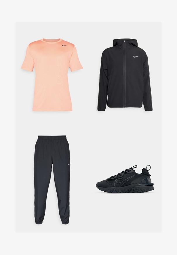 Čierna bunda Nike so kapucňou, plným predným zipsom a diskrétnym bielym logom na ľavom prsníku. Hladká textúra a ľahká konštrukcia.; Nike tričko s krátkym rukávom v svetlo broskyňovej farbe, vyrobené z hladkej tkaniny. Má okrúhly výstrih a čierne logo na hornej ľavej strane.; Čierne teplákové nohavice vyrobené z ľahkého materiálu s elastickým pásom, manžetami na členkoch a diskrétnym logom Nike na ľavej strane.; Čierna atletická topánka s priedušným sieťovaným zvrškom, textúrovanými akcentmi a vlnovou gumovou podrážkou. Obsahuje reflexné logo a systém šnurovania.