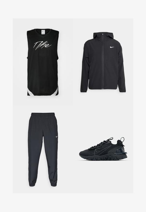 Veste Nike noire avec capuche, fermeture éclair sur toute la longueur à l'avant et un logo blanc discret sur la poitrine gauche. Texture lisse et design léger.; T-shirt de sport sans manches noir en matériau mesh, avec un logo Nike blanc bien visible sur le devant et des accents blancs à l'ourlet.; Pantalon de jogging noir en tissu léger avec une ceinture élastique, des poignets aux chevilles et un logo Nike discret sur le côté gauche.; Chaussure de sport noire avec une tige en mesh respirant, des accents texturés et une semelle en caoutchouc ondulée. Comprend un logo réfléchissant et un système de laçage.