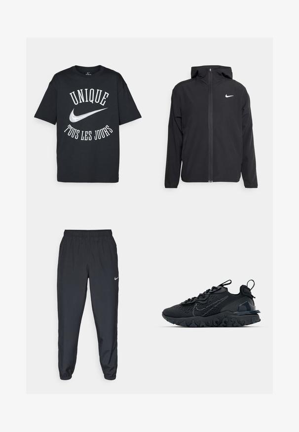 Chaqueta negra de Nike con capucha, cremallera frontal completa y un sutil logo blanco en el lado izquierdo del pecho. Textura suave y diseño ligero.; Camiseta de algodón negra con el texto blanco "UNIQUE TOUS LES JOURS" y un logo plateado de Nike. Diseño clásico de cuello redondo y mangas cortas.; Pantalones deportivos negros hechos de tela ligera con una cinturilla elástica, puños en los tobillos y un discreto logo de Nike en el lado izquierdo.; Zapato deportivo negro con una parte superior de malla transpirable, acentos texturizados y una suela de goma ondulada. Presenta un logotipo reflectante y un sistema de cordones.