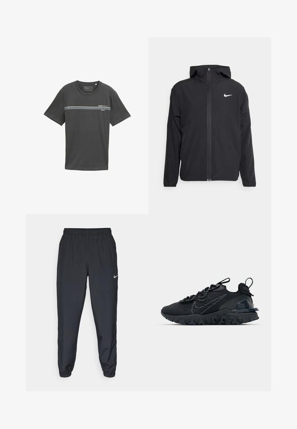 Musta Nike-takki, jossa on huppu, täysimittainen vetoketju edessä ja hienovarainen valkoinen logo vasemmassa rinnassa. Liukas pinta ja kevyt muotoilu.; Harmaa puuvillapaita, jossa on lyhyet hihat ja pyöreä kaula-aukko, jossa on vaakasuoria raitoja sinisestä, valkoisesta ja vihreästä rinnassa sekä painettu logo.; Mustat juoksuhousut, jotka on valmistettu kevyestä kankaasta, jossa on joustava vyötärö, nilkkasuut ja huomaamaton Nike-logo vasemmalla puolella.; Mustat urheilukengät, joissa on hengittävä verkkomateriaali, kuvioidut yksityiskohdat ja aallokkomuotoinen kumipohja. Varustettu heijastavalla logolla ja nauhajalustalla.