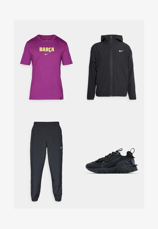 Veste Nike noire avec capuche, fermeture éclair sur toute la longueur à l'avant et un logo blanc discret sur la poitrine gauche. Texture lisse et design léger.; T-shirt en coton violet avec des manches courtes et un col rond, arborant le mot "BARÇA" en texte jaune et un petit logo Nike en dessous.; Pantalon de jogging noir en tissu léger avec une ceinture élastique, des poignets aux chevilles et un logo Nike discret sur le côté gauche.; Chaussure de sport noire avec une tige en mesh respirant, des accents texturés et une semelle en caoutchouc ondulée. Comprend un logo réfléchissant et un système de laçage.