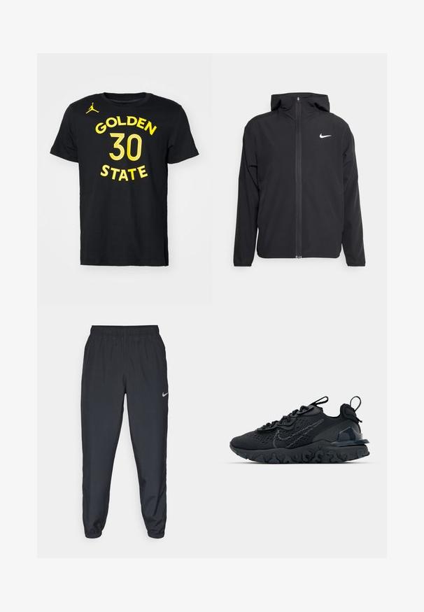 Black Nike jacket featuring a hood, full front zipper, and a subtle white logo on the left chest. Smooth texture and lightweight design.; Nike Performance NBA GOLDEN STATE WARRIORS STEPHEN CURRY TEE - Club wear - black; Black track pants made from lightweight fabric with an elastic waistband, ankle cuffs, and a discreet Nike logo on the left side.; Black athletic shoe with a breathable mesh upper, textured accents, and a wavy rubber sole. Features reflective logo and lacing system.