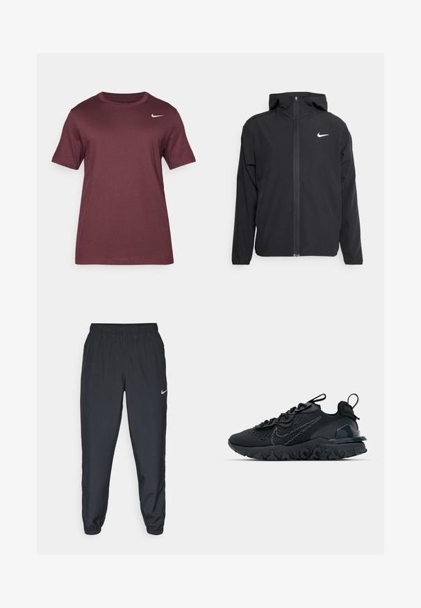 Chaqueta negra de Nike con capucha, cremallera frontal completa y un sutil logo blanco en el lado izquierdo del pecho. Textura suave y diseño ligero.; Nike Performance TEE CREW SOLID - Camiseta deportiva - burgundy crush; Pantalones deportivos negros hechos de tela ligera con una cinturilla elástica, puños en los tobillos y un discreto logo de Nike en el lado izquierdo.; Zapato deportivo negro con una parte superior de malla transpirable, acentos texturizados y una suela de goma ondulada. Presenta un logotipo reflectante y un sistema de cordones.