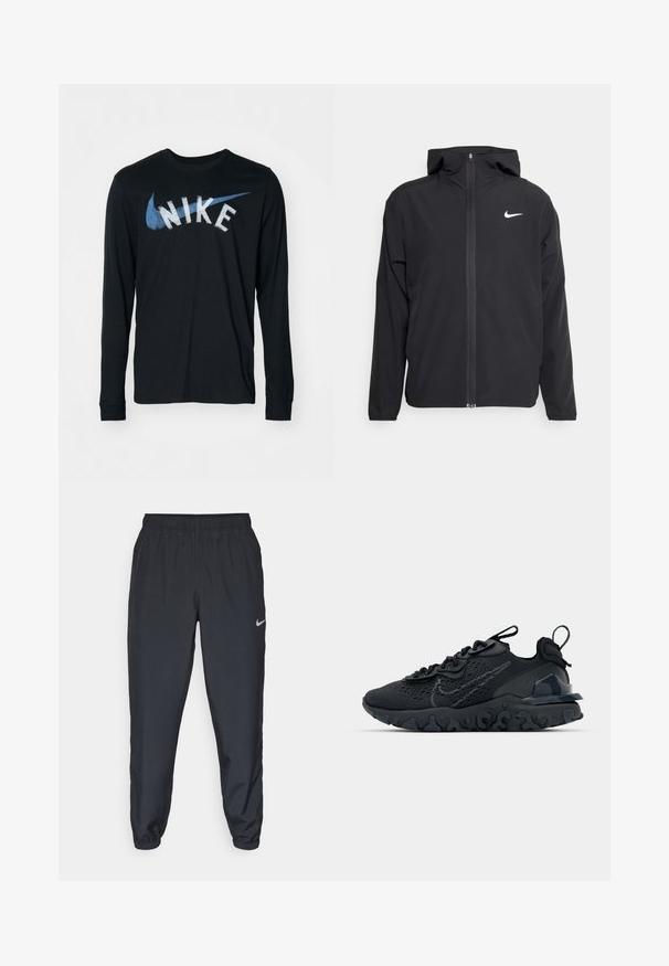 Fekete Nike dzseki kapucnival, teljes hosszúságú cipzárral és egy diszkrét fehér logóval a bal mellrészen. Sima textúra és könnyű kialakítás.; Nike Performance TEE - Hosszú ujjú felső - black; Fekete sportnadrág könnyű anyagból, rugalmas derékkel és bokacsatokkal, a bal oldalon egy diszkrét Nike logóval.; Fekete sportcipő légáteresztő hálós felsőrésszel, texturált részletekkel és hullámos gumitalppal. Ráfókuszál a fényvisszaverő logóra és a fűzőrendszerre.