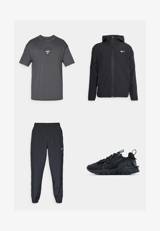 Casaco Nike preto com capuz, fecho frontal completo e um logótipo branco discreto no lado esquerdo do peito. Textura suave e design leve.; T-shirt cinza de algodão com mangas curtas e decote redondo, apresentando um logótipo central dos Chicago Bulls e um pequeno emblema da Nike acima.; Calças de treino pretas feitas de um tecido leve, com um cós elástico, punhos nos tornozelos e um discreto logótipo da Nike no lado esquerdo.; Sapatilha atlética preta com parte superior de malha respirável, detalhes texturizados e sola de borracha ondulada. Apresenta um logotipo reflexivo e um sistema de atilho.
