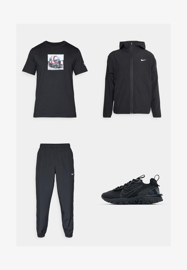 Černá bunda Nike s kapucí, plným předním zipem a decentním bílým logem na levé hrudi. Hladká textura a lehký design.; Černé bavlněné tričko s předním potiskembarevných potápěčských helem na autě. Krátké rukávy a klasický kulatý výstřih.; Černé tepláky vyrobené z lehkého materiálu s elastickým pasem, manžetami na kotnících a diskrétním logem Nike na levé straně.; Černá sportovní bota s prodyšným síťovaným svrškem, texturovanými akcenty a vlnkovou gumovou podrážkou. Obsahuje reflexní logo a systém šněrování.