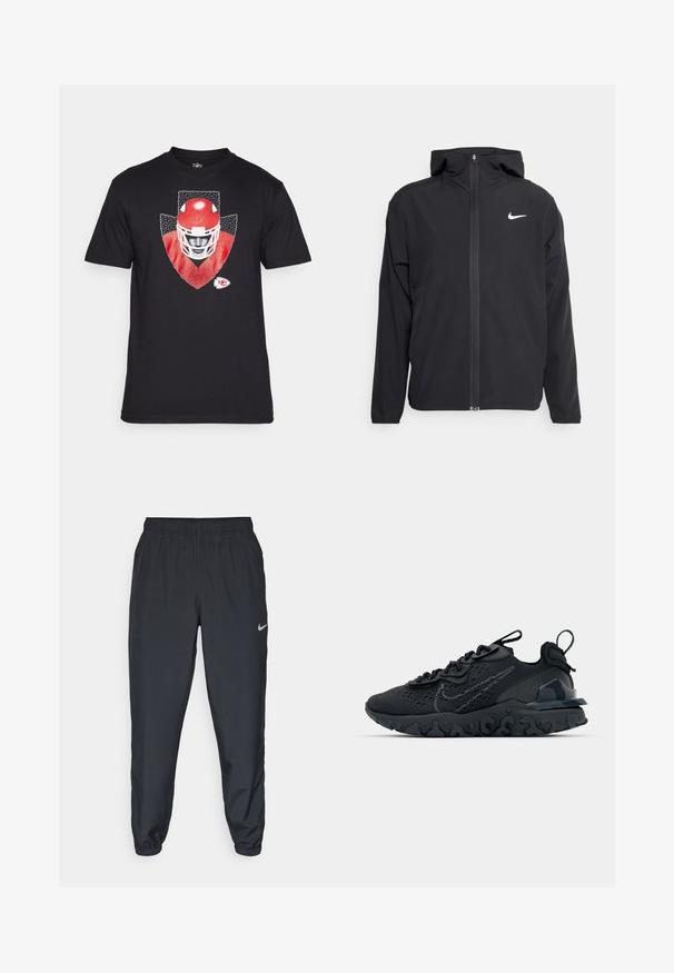 Casaco Nike preto com capuz, fecho frontal completo e um logótipo branco discreto no lado esquerdo do peito. Textura suave e design leve.; T-shirt de algodão preto com gráfico de um capacete de futebol vermelho em um fundo cinza em forma de escudo, com um pequeno logotipo da equipe no canto inferior.; Calças de treino pretas feitas de um tecido leve, com um cós elástico, punhos nos tornozelos e um discreto logótipo da Nike no lado esquerdo.; Sapatilha atlética preta com parte superior de malha respirável, detalhes texturizados e sola de borracha ondulada. Apresenta um logotipo reflexivo e um sistema de atilho.