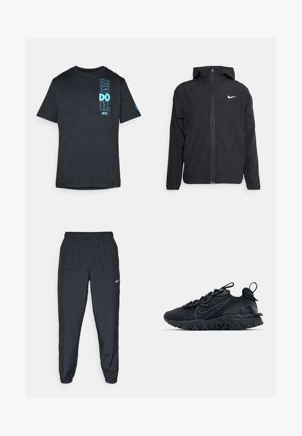 Čierna bunda Nike so kapucňou, plným predným zipsom a diskrétnym bielym logom na ľavom prsníku. Hladká textúra a ľahká konštrukcia.; Čierne bavlnené tričko s krátkymi rukávmi a kruhovým výstrihom, na prednej strane s vertikálnym modrým grafickým motívom s nápismi "JUST DO IT!" a "INTER".; Čierne teplákové nohavice vyrobené z ľahkého materiálu s elastickým pásom, manžetami na členkoch a diskrétnym logom Nike na ľavej strane.; Čierna atletická topánka s priedušným sieťovaným zvrškom, textúrovanými akcentmi a vlnovou gumovou podrážkou. Obsahuje reflexné logo a systém šnurovania.