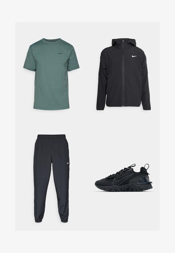 Jachetă neagră Nike cu glugă, fermoar pe toată fața și un logo alb subtil pe pieptul stâng. Textură netedă și design ușor.; Nike Performance HYVERSE - Bluză sport - vintage green/black; Pantaloni sport negri dintr-un material ușor, cu un band elastic la talie, mansete la glezne și un logo Nike discret pe partea stângă.; Pantofii sport negri au un superior din plasă respirabilă, accente texturate și o talpă din cauciuc ondulată. Prezintă un logo reflectorizant și un sistem de șirete.