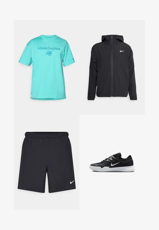 Fekete Nike dzseki kapucnival, teljes hosszúságú cipzárral és egy diszkrét fehér logóval a bal mellrészen. Sima textúra és könnyű kialakítás.; Türkiz pamut póló, "Miami Dolphins" felirattal és kék hímzett logóval. Rövid ujjakkal és bordázott kerek nyakkivágással rendelkezik.; Fekete sportnadrág könnyű anyagból, rugalmas derékkal. A bal alsó oldalon egy kis fehér Nike-logó található.; Fekete sportcipő texturált felsőrésszel, fehér Nike logóval és fehér gumitalppal. Fűzős kialakítással és dinamikus formával rendelkezik.