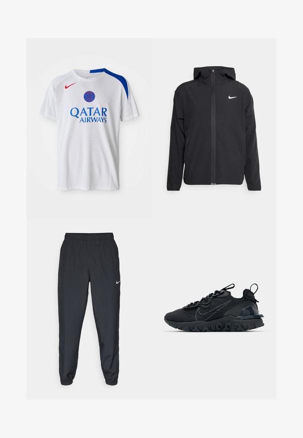 Veste Nike noire avec capuche, fermeture éclair sur toute la longueur à l'avant et un logo blanc discret sur la poitrine gauche. Texture lisse et design léger.; T-shirt blanc Nike avec des accents bleus sur les épaules, logo rouge et "QATAR AIRWAYS" imprimé en bleu sur le devant. Tissu texturé.; Pantalon de jogging noir en tissu léger avec une ceinture élastique, des poignets aux chevilles et un logo Nike discret sur le côté gauche.; Chaussure de sport noire avec une tige en mesh respirant, des accents texturés et une semelle en caoutchouc ondulée. Comprend un logo réfléchissant et un système de laçage.