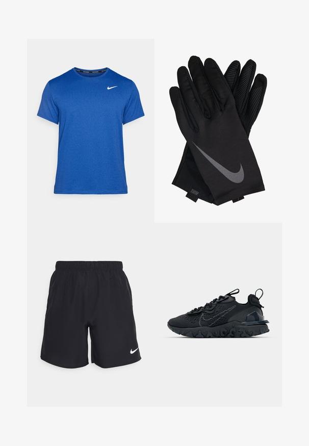 Musta Nike-takki, jossa on huppu, täysimittainen vetoketju edessä ja hienovarainen valkoinen logo vasemmassa rinnassa. Liukas pinta ja kevyt muotoilu.; Sininen lyhythihainen T-paita, joka on valmistettu pehmeästä, tekstuurista kankaasta. Sisältää pyöreän kaula-aukon ja pienen valkoisen Nike-logon vasemmassa ylärinnassa.; Mustat urheilushortsit, jotka on valmistettu kevyistä materiaaleista, joustavalla vyötärönauhalla ja valkoisella Nike-logolla vasemmassa alareunassa.; Mustat urheilukengät, joissa on hengittävä verkkomateriaali, kuvioidut yksityiskohdat ja aallokkomuotoinen kumipohja. Varustettu heijastavalla logolla ja nauhajalustalla.; Mustat Nike-käsineet, joissa on sileä kangaspinta, harmaa swoosh-logo ja kuvioitu pito kämmenessä ja sormissa.