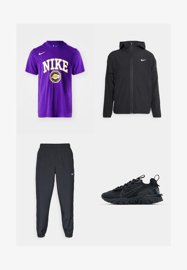 Juodas Nike džemperis su gobtuvu, pilnu priekinio užtrauktuko uždarymu ir subtilia balta logo ant kairiojo krūtinės. Lygus paviršius ir lengvas dizainas.; Violet medvilninė marškinėliai su baltais "NIKE" tekstu, apibrėžtu geltonu kontūru, o po juo centre yra Los Andželo Lakers logotipas. Apvalus kaklas ir trumpomis rankovėmis.; Juodos sportinės kelnės iš lengvos medžiagos su elastinga juosta, kulkšnies rankovėmis ir diskretišku Nike logotipu kairėje pusėje.; Juoda sportinė avalynė su kvėpuojančiu tinkliniu viršumi, tekstūruotais akcentais ir banguota guma padais. Yra atspindintis logotipas ir raištelių sistema.