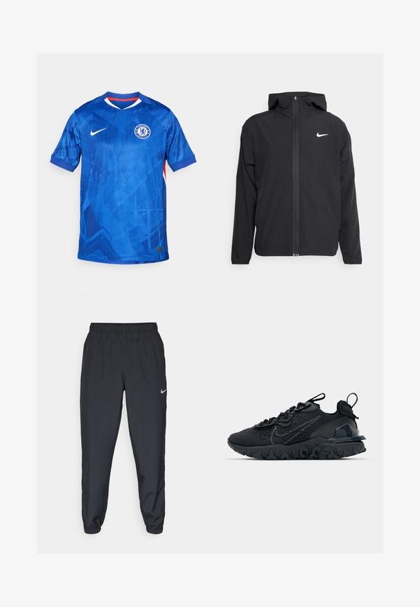 Veste Nike noire avec capuche, fermeture éclair sur toute la longueur à l'avant et un logo blanc discret sur la poitrine gauche. Texture lisse et design léger.; Maillot de football Nike bleu avec un motif géométrique, manches courtes, encolure en V et insigne de Chelsea FC sur la poitrine gauche ; présente des accents rouges.; Pantalon de jogging noir en tissu léger avec une ceinture élastique, des poignets aux chevilles et un logo Nike discret sur le côté gauche.; Chaussure de sport noire avec une tige en mesh respirant, des accents texturés et une semelle en caoutchouc ondulée. Comprend un logo réfléchissant et un système de laçage.