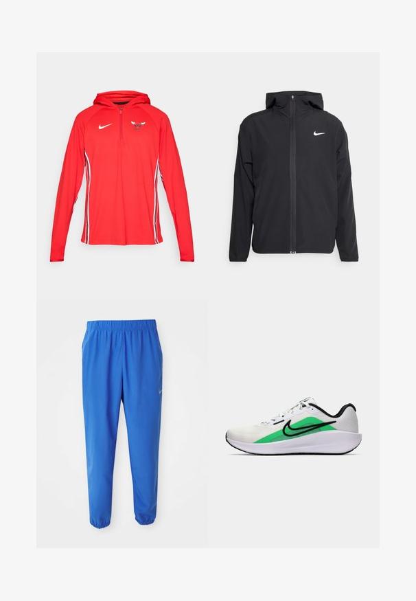 Črna Nike jakna z oblogo, polnim zadrgo in diskretnim belim logotipom na levi strani prsnega koša. Gladka tekstura in lahka zasnova.; Rde Nike kapuco s polovičnim zadrgo spredaj, ki ima logo Bulls na prsih in bele stranske črte vzdolž rokavov. Gladek, lahek material.; Modre atletske hlače z elastičnim pasom, ravnim krojem in zoženimi manšetami. Značilnost je Nike logo v zlatem na levi strani.; Bela športna čevlja z zelenim poudarkom, črnim logotipom, mrežastim zgornjim delom, oblazinjenim podplatom in zaobljenim peto. Ima vezalke in kontrastne detajle.