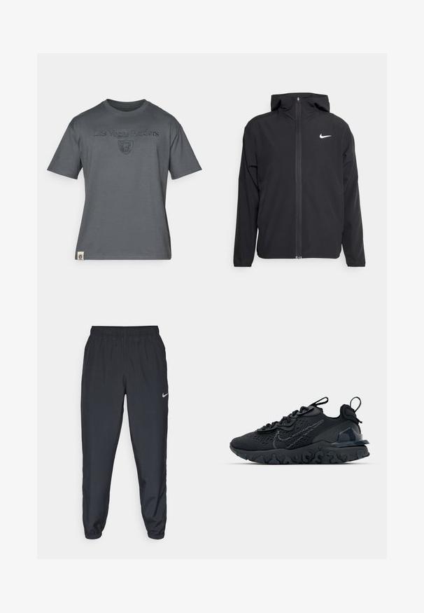Casaco Nike preto com capuz, fecho frontal completo e um logótipo branco discreto no lado esquerdo do peito. Textura suave e design leve.; T-shirt cinza de manga curta feito de algodão com o texto e o logotipo "Las Vegas Raiders" bordados na frente. Apresenta um decote redondo.; Calças de treino pretas feitas de um tecido leve, com um cós elástico, punhos nos tornozelos e um discreto logótipo da Nike no lado esquerdo.; Sapatilha atlética preta com parte superior de malha respirável, detalhes texturizados e sola de borracha ondulada. Apresenta um logotipo reflexivo e um sistema de atilho.