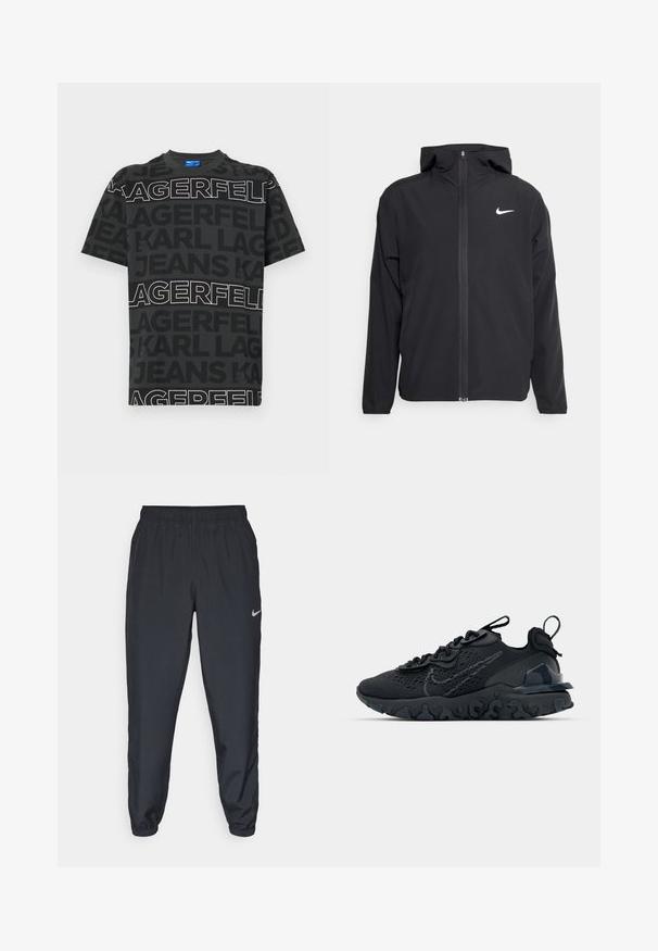 Čierna bunda Nike so kapucňou, plným predným zipsom a diskrétnym bielym logom na ľavom prsníku. Hladká textúra a ľahká konštrukcia.; Čierne tričko s kontrastným bielym textom. Obsahuje opakované logo v rôznych písmach a veľkostiach. Krátke rukávy a okrúhly výstrih.; Čierne teplákové nohavice vyrobené z ľahkého materiálu s elastickým pásom, manžetami na členkoch a diskrétnym logom Nike na ľavej strane.; Čierna atletická topánka s priedušným sieťovaným zvrškom, textúrovanými akcentmi a vlnovou gumovou podrážkou. Obsahuje reflexné logo a systém šnurovania.