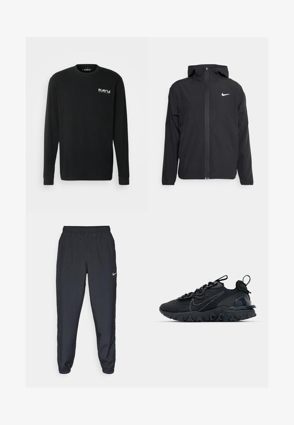 Juodas Nike džemperis su gobtuvu, pilnu priekinio užtrauktuko uždarymu ir subtilia balta logo ant kairiojo krūtinės. Lygus paviršius ir lengvas dizainas.; KAVU ETCH ART - Ilgarankovis viršutinės dalies drabužis - black; Juodos sportinės kelnės iš lengvos medžiagos su elastinga juosta, kulkšnies rankovėmis ir diskretišku Nike logotipu kairėje pusėje.; Juoda sportinė avalynė su kvėpuojančiu tinkliniu viršumi, tekstūruotais akcentais ir banguota guma padais. Yra atspindintis logotipas ir raištelių sistema.
