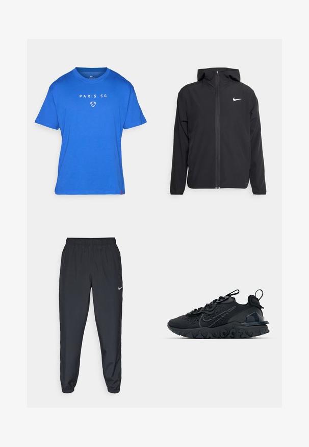 Black Nike jacket featuring a hood, full front zipper, and a subtle white logo on the left chest. Smooth texture and lightweight design.; Blue short-sleeve crew neck t-shirt with "PARIS SG" and a Nike logo in white on the front center.; Black track pants made from lightweight fabric with an elastic waistband, ankle cuffs, and a discreet Nike logo on the left side.; Black athletic shoe with a breathable mesh upper, textured accents, and a wavy rubber sole. Features reflective logo and lacing system.