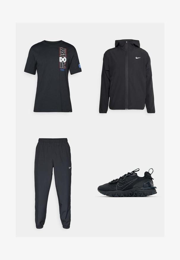 Črna Nike jakna z oblogo, polnim zadrgo in diskretnim belim logotipom na levi strani prsnega koša. Gladka tekstura in lahka zasnova.; Črna bombažna majica s kratkimi rokavi. Ima drzne navpične napise "Samo naredi to!" v rdeči in beli barvi ter modri logotip na rokavu.; Črne trenirke iz lahkega materiala z elastičnim pasom, manšetami na gležnjih in diskretnim logotipom Nike na levi strani.; Črne športne čevlje z zračno mrežno zgornjim delom, strukturiranimi dodatki in valovitim gumijastim podplatom. Imajo odsevni logo in sistem vezalk.