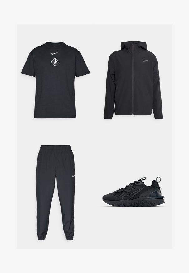 Čierna bunda Nike so kapucňou, plným predným zipsom a diskrétnym bielym logom na ľavom prsníku. Hladká textúra a ľahká konštrukcia.; Čierne bavlnené tričko s krátkymi rukávmi a okrúhlym výstrihom, ktoré obsahuje biele logo Nike a grafiku v tvare diamantového vzoru so bielym dizajnom ponožky.; Čierne teplákové nohavice vyrobené z ľahkého materiálu s elastickým pásom, manžetami na členkoch a diskrétnym logom Nike na ľavej strane.; Čierna atletická topánka s priedušným sieťovaným zvrškom, textúrovanými akcentmi a vlnovou gumovou podrážkou. Obsahuje reflexné logo a systém šnurovania.