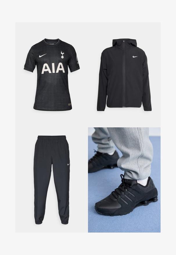Svart Nike-jakke med hette, full frontglidelås og en subtil hvit logo på venstre bryst. Glatt tekstur og lett design.; Svart fotballdrakt laget av lett stoff, med et teksturert mønster, rund hals, korte ermer, og en hvit "AIA" logo på forsiden.; Svarte joggebukser laget av lett stoff med elastisk midje, ankelmanchetter og en diskret Nike-logo på venstre side.; Person som har på seg svarte Nike Shox-sko og grå joggebukser og står på lyseblått teppe.