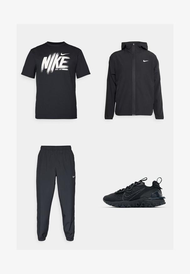 Chaqueta negra de Nike con capucha, cremallera frontal completa y un sutil logo blanco en el lado izquierdo del pecho. Textura suave y diseño ligero.; Camiseta negra de manga corta hecha de material suave, que presenta un gráfico en blanco del logo "NIKE" con estilo de pincel y el texto "EST. 1972" debajo.; Pantalones deportivos negros hechos de tela ligera con una cinturilla elástica, puños en los tobillos y un discreto logo de Nike en el lado izquierdo.; Zapato deportivo negro con una parte superior de malla transpirable, acentos texturizados y una suela de goma ondulada. Presenta un logotipo reflectante y un sistema de cordones.