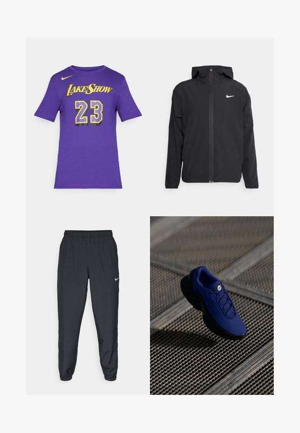 Musta Nike-takki, jossa on huppu, täysimittainen vetoketju edessä ja hienovarainen valkoinen logo vasemmassa rinnassa. Liukas pinta ja kevyt muotoilu.; Violetti puuvillapaita lyhyillä hihoilla, jossa edessä lukee "LAKE SHOW" keltaisella ja numero "23" mustalla ja keltaisella. Niken logo kaula-aukossa.; Mustat juoksuhousut, jotka on valmistettu kevyestä kankaasta, jossa on joustava vyötärö, nilkkasuut ja huomaamaton Nike-logo vasemmalla puolella.; Sininen urheilukenkä, jossa on teksturoitu yläosa, musta pohja ja nauhat. Varustettu "air" -brändillä kielen päällä ja näkyvillä ilmapatjaelementeillä.