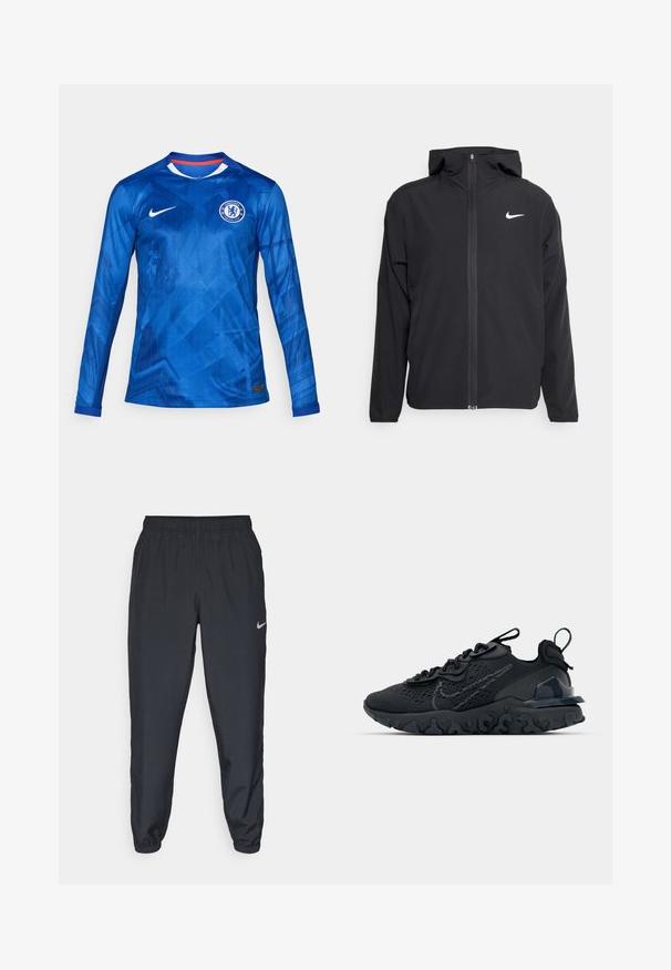 Svart Nike-jacka med huva, fullständig dragkedja fram och en subtil vit logotyp på vänster bröst. Slät textur och lättvikt design.; Blå långärmad fotbollsjersey med geometriskt mönster, Nike-logga och Chelsea FC-emblem. Har en rund hals med röda och vita detaljer.; Svarta träningbyxor i lätt tyg med elastisk midja, vristmanchetter och en diskret Nike-logotyp på vänster sida.; Svart idrottssko med ett andningsbart meshöverdrag, texturerade accenter och en vågig gummisula. Utrustad med reflekterande logotyp och snörsystem.