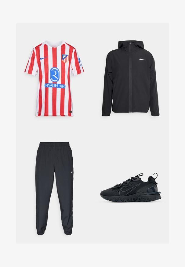 Fekete Nike dzseki kapucnival, teljes hosszúságú cipzárral és egy diszkrét fehér logóval a bal mellrészen. Sima textúra és könnyű kialakítás.; Piros és fehér csíkos focimez légáteresztő anyagból készült. Elöl található a Nike logó, a csapat címer és egy kék szponzorlogó.; Fekete sportnadrág könnyű anyagból, rugalmas derékkel és bokacsatokkal, a bal oldalon egy diszkrét Nike logóval.; Fekete sportcipő légáteresztő hálós felsőrésszel, texturált részletekkel és hullámos gumitalppal. Ráfókuszál a fényvisszaverő logóra és a fűzőrendszerre.