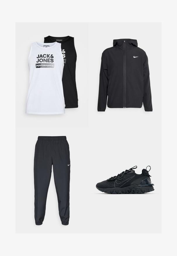 Chaqueta negra de Nike con capucha, cremallera frontal completa y un sutil logo blanco en el lado izquierdo del pecho. Textura suave y diseño ligero.; Conjunto de dos camisetas sin mangas en blanco y negro. La tela es de algodón suave. La parte frontal presenta "JACK & JONES PERFORMANCE" en letras negras en negrita.; Pantalones deportivos negros hechos de tela ligera con una cinturilla elástica, puños en los tobillos y un discreto logo de Nike en el lado izquierdo.; Zapato deportivo negro con una parte superior de malla transpirable, acentos texturizados y una suela de goma ondulada. Presenta un logotipo reflectante y un sistema de cordones.