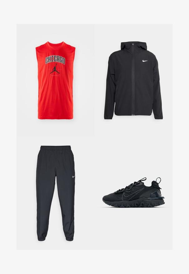 Jachetă neagră Nike cu glugă, fermoar pe toată fața și un logo alb subtil pe pieptul stâng. Textură netedă și design ușor.; Tricou sport roșu fără mâneci, cu text negru "CHICAGO" și un logo negru Nike Air Jordan centrat sub text. Material neted, ușor.; Pantaloni sport negri dintr-un material ușor, cu un band elastic la talie, mansete la glezne și un logo Nike discret pe partea stângă.; Pantofii sport negri au un superior din plasă respirabilă, accente texturate și o talpă din cauciuc ondulată. Prezintă un logo reflectorizant și un sistem de șirete.