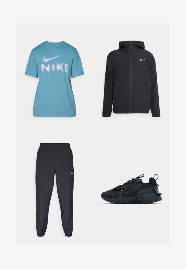 Melna Nike jakna ar kapuci, pilnu priekšējo rāvējslēdzēju un smalku baltu logotipu kreisajā krūtī. Gluda tekstūra un viegla konstrukcija.; Zila īsām piedurknēm T-kreklā, kas izgatavots no mīkstas auduma, ar balto un gaiši rozā Nike simbolu izplūdušā efektā, apaļš kakla izgriezums.; Melnas sporta bikses, izgatavotas no viegla auduma, ar elastīgu jostasvietu, potīšu malām un diskretu Nike logo kreisajā pusē.; Melnas sporta kurpes ar elpojošu sieta augšdaļu, teksturētām akcentiem un viļņotu gumijas zoli. Iekļauj atstarojošu logotipu un šņorēšanas sistēmu.