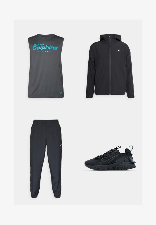 Čierna bunda Nike so kapucňou, plným predným zipsom a diskrétnym bielym logom na ľavom prsníku. Hladká textúra a ľahká konštrukcia.; Šedé bezrukávové tričko s nápisom "Miami Dolphins Football" v tyrkysovej farbe. Vyrobené z ľahkého materiálu s hladkou textúrou.; Čierne teplákové nohavice vyrobené z ľahkého materiálu s elastickým pásom, manžetami na členkoch a diskrétnym logom Nike na ľavej strane.; Čierna atletická topánka s priedušným sieťovaným zvrškom, textúrovanými akcentmi a vlnovou gumovou podrážkou. Obsahuje reflexné logo a systém šnurovania.