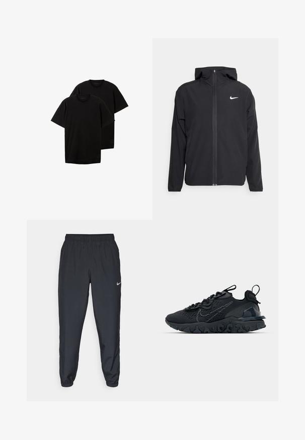 Sort Nike-jakke med hætte, fuld frontlynlås og et diskret hvidt logo på venstre bryst. Glat tekstur og letvægtsdesign.; Sorte bomulds t-shirts, rund hals, korte ærmer, afslappet pasform, med et lille logo på den nederste venstre side, solgt som et sæt af to.; Sorte træningsbukser lavet af letvægtsstof med elastisk talje, ankelsyninger og et diskret Nike-logo på venstre side.; Sort atletisk sko med en åndbar mesh-overdel, teksturerede detaljer og en bølget gummisål. Har reflekterende logo og snørresystem.