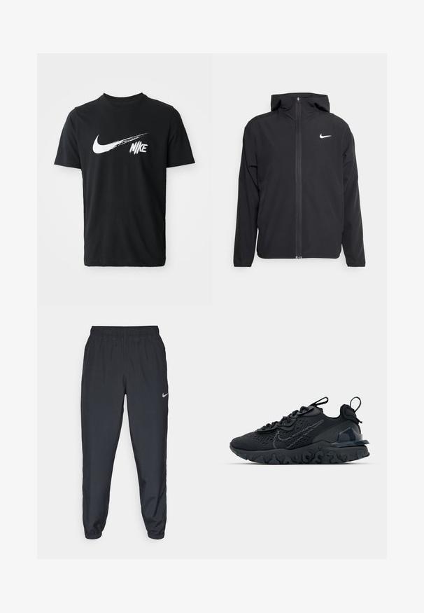 Must musta musta, täis esifrontne lukuga ja diskreetne valge logo vasakul rinnal. Sile tekstuur ja kergkaaluline disain.; Mustalane puuvillane T-särk, millel on ees suur valge Nike Swoosh logo ja stiliseeritud "Nike" tekst. Lühikesed varrukad ja ümar kaelus.; Kerged mustad spordipüksid, mis on valmistatud kerge kangaga, elastse vöökoha, pahkluude mansettide ja diskreetse Nike logo abil vasakul külgedel.; Must mustreesne tossudega, millel on hingav võrkmaterjalist pealis, tekstureeritud detailid ja laineline kummist tallaosa. Omab peegelduvat logo ja sidumise süsteemi.