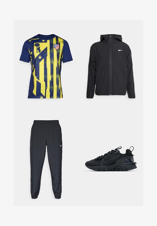 Veste Nike noire avec capuche, fermeture éclair sur toute la longueur à l'avant et un logo blanc discret sur la poitrine gauche. Texture lisse et design léger.; Maillot de sport en bleu marine et jaune, avec de larges rayures verticales, des motifs texturés et un logo de club sur la poitrine, doté d'un col ras du cou.; Pantalon de jogging noir en tissu léger avec une ceinture élastique, des poignets aux chevilles et un logo Nike discret sur le côté gauche.; Chaussure de sport noire avec une tige en mesh respirant, des accents texturés et une semelle en caoutchouc ondulée. Comprend un logo réfléchissant et un système de laçage.
