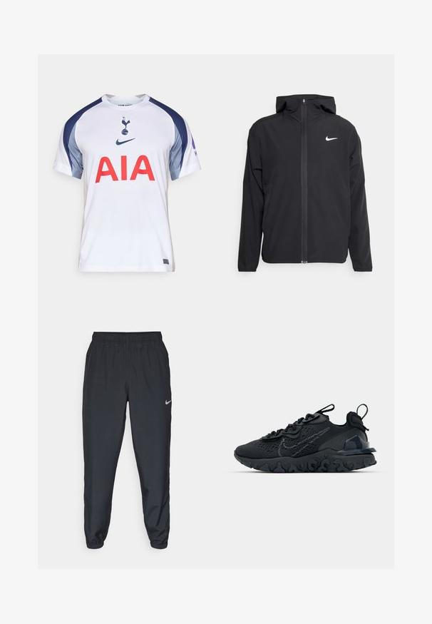 Chaqueta negra de Nike con capucha, cremallera frontal completa y un sutil logo blanco en el lado izquierdo del pecho. Textura suave y diseño ligero.; Camiseta de fútbol blanca con acentos en azul y gris, que presenta un gran logo rojo "AIA" en el frente y un emblema del club en el pecho. Fabricada con tejido ligero.; Pantalones deportivos negros hechos de tela ligera con una cinturilla elástica, puños en los tobillos y un discreto logo de Nike en el lado izquierdo.; Zapato deportivo negro con una parte superior de malla transpirable, acentos texturizados y una suela de goma ondulada. Presenta un logotipo reflectante y un sistema de cordones.