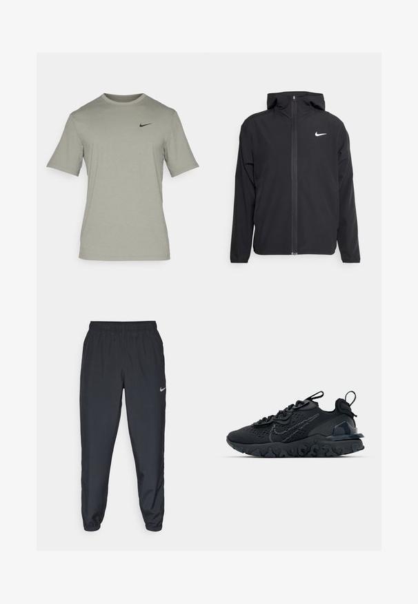 Črna Nike jakna z oblogo, polnim zadrgo in diskretnim belim logotipom na levi strani prsnega koša. Gladka tekstura in lahka zasnova.; Nike Performance HYVERSE - Športne majice - dark stucco/black; Črne trenirke iz lahkega materiala z elastičnim pasom, manšetami na gležnjih in diskretnim logotipom Nike na levi strani.; Črne športne čevlje z zračno mrežno zgornjim delom, strukturiranimi dodatki in valovitim gumijastim podplatom. Imajo odsevni logo in sistem vezalk.