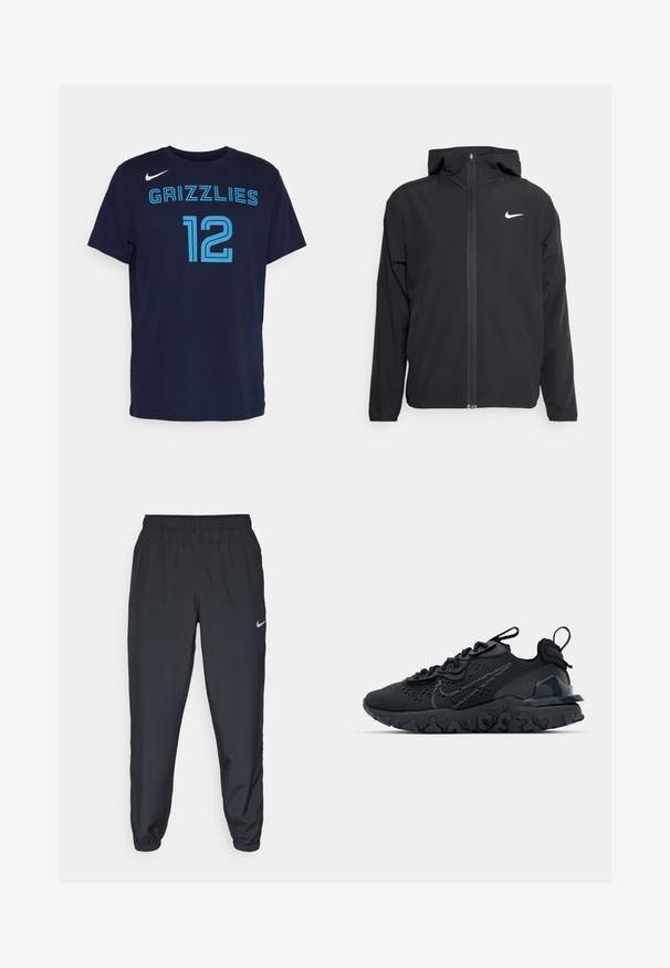 Chaqueta negra de Nike con capucha, cremallera frontal completa y un sutil logo blanco en el lado izquierdo del pecho. Textura suave y diseño ligero.; Camiseta de algodón azul marino de mangas cortas, con la palabra "GRIZZLIES" y el número "12" en letras azul claro. Logotipo de Nike en el hombro izquierdo delantero.; Pantalones deportivos negros hechos de tela ligera con una cinturilla elástica, puños en los tobillos y un discreto logo de Nike en el lado izquierdo.; Zapato deportivo negro con una parte superior de malla transpirable, acentos texturizados y una suela de goma ondulada. Presenta un logotipo reflectante y un sistema de cordones.