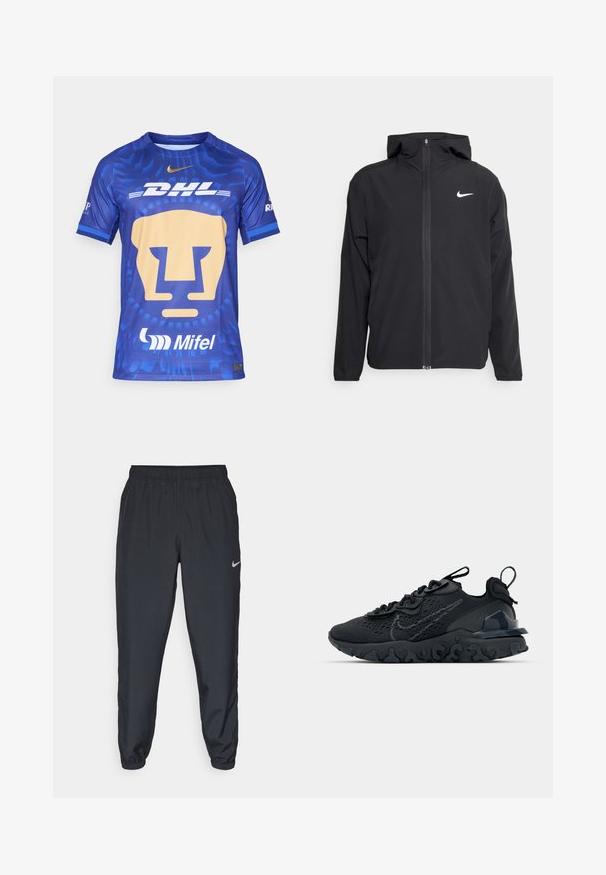 Črna Nike jakna z oblogo, polnim zadrgo in diskretnim belim logotipom na levi strani prsnega koša. Gladka tekstura in lahka zasnova.; Modra majica s kratkimi rokavi, ki prikazuje velik stiliziran obraz leva v zlatem, z logotipoma DHL in Mifel, teksturirana tkanina in okrogla izrezana vrhnja obleka.; Črne trenirke iz lahkega materiala z elastičnim pasom, manšetami na gležnjih in diskretnim logotipom Nike na levi strani.; Črne športne čevlje z zračno mrežno zgornjim delom, strukturiranimi dodatki in valovitim gumijastim podplatom. Imajo odsevni logo in sistem vezalk.
