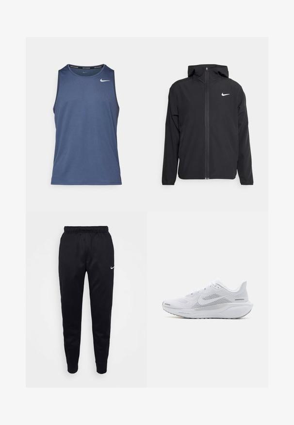 Crna Nike jakna s kapuljačom, punim prednjim patentnim zatvaračem i suptilnim bijelim logotipom na lijevoj strani prsnog koša. Glatka tekstura i lagani dizajn.; Plavi sportski top s okruglim izrezom, izrađen od tkanine koja odvodi vlagu. Sadrži mali bijeli Nike logo na prsima.; Crne Nike trenirke s elastičnim pojasom, suženim nogavicama i suptilnim logotipom. Izrađene su od glatkog materijala s jednostavnim dizajnom.; Bijela sportska cipela s mrežastim gornjim dijelom, glatkim dekoracijama, sivim detaljima, vezicama i obloženom potplatom dizajniranom za performanse.