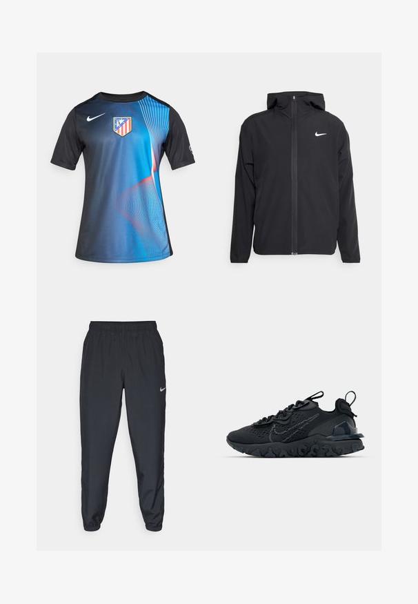 Must musta musta, täis esifrontne lukuga ja diskreetne valge logo vasakul rinnal. Sile tekstuur ja kergkaaluline disain.; Lühikeste varrukatega sportlik särk, millel on sinine ja musta gradatsiooniga disain, Nike logo ja meeskonna vapp. Pehme kanga ja dünaamiliste joontega mustrid.; Kerged mustad spordipüksid, mis on valmistatud kerge kangaga, elastse vöökoha, pahkluude mansettide ja diskreetse Nike logo abil vasakul külgedel.; Must mustreesne tossudega, millel on hingav võrkmaterjalist pealis, tekstureeritud detailid ja laineline kummist tallaosa. Omab peegelduvat logo ja sidumise süsteemi.