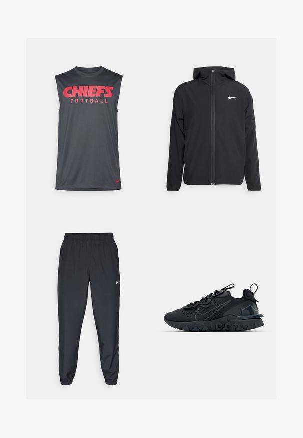 Casaco Nike preto com capuz, fecho frontal completo e um logótipo branco discreto no lado esquerdo do peito. Textura suave e design leve.; Camiseta sem mangas cinza com o texto vermelho "CHIEFS FOOTBALL" na frente e um pequeno logótipo vermelho da Nike na bainha. Tecido suave e atlético.; Calças de treino pretas feitas de um tecido leve, com um cós elástico, punhos nos tornozelos e um discreto logótipo da Nike no lado esquerdo.; Sapatilha atlética preta com parte superior de malha respirável, detalhes texturizados e sola de borracha ondulada. Apresenta um logotipo reflexivo e um sistema de atilho.