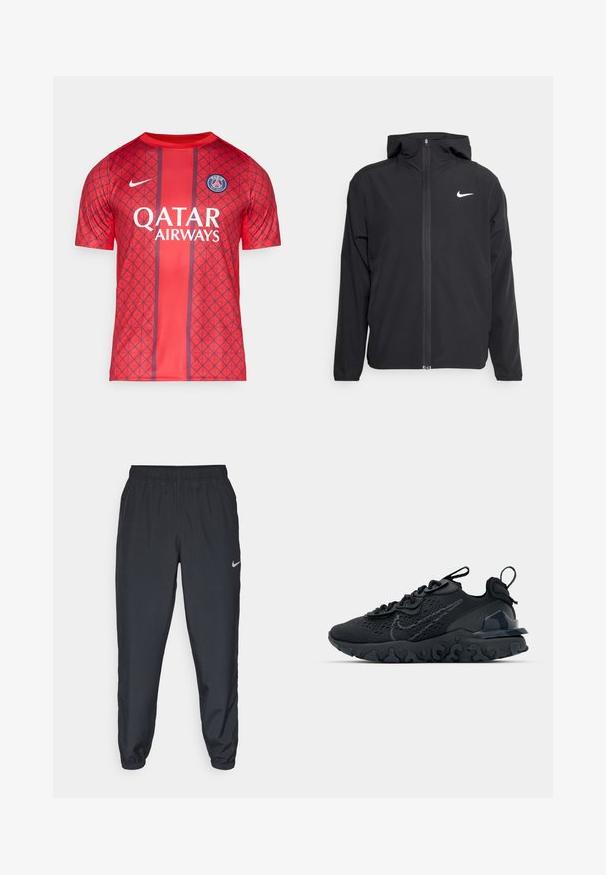 Veste Nike noire avec capuche, fermeture éclair sur toute la longueur à l'avant et un logo blanc discret sur la poitrine gauche. Texture lisse et design léger.; Maillot de sport rouge avec un motif géométrique, manches courtes, col rond, logo Nike et texte "Qatar Airways". Logo du PSG sur la poitrine.; Pantalon de jogging noir en tissu léger avec une ceinture élastique, des poignets aux chevilles et un logo Nike discret sur le côté gauche.; Chaussure de sport noire avec une tige en mesh respirant, des accents texturés et une semelle en caoutchouc ondulée. Comprend un logo réfléchissant et un système de laçage.