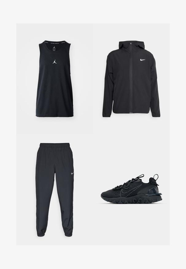 Fekete Nike dzseki kapucnival, teljes hosszúságú cipzárral és egy diszkrét fehér logóval a bal mellrészen. Sima textúra és könnyű kialakítás.; Fekete ujjatlan sportos trikó, perforált textúrával, kerek nyakkivágással és fehér Jordan logóval az elején.; Fekete sportnadrág könnyű anyagból, rugalmas derékkel és bokacsatokkal, a bal oldalon egy diszkrét Nike logóval.; Fekete sportcipő légáteresztő hálós felsőrésszel, texturált részletekkel és hullámos gumitalppal. Ráfókuszál a fényvisszaverő logóra és a fűzőrendszerre.