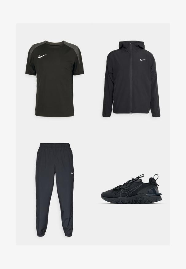 Black Nike jacket featuring a hood, full front zipper, and a subtle white logo on the left chest. Smooth texture and lightweight design.; Black short-sleeve sports t-shirt made of lightweight fabric, featuring gray shoulder accents and a white Nike logo on the chest.; Black track pants made from lightweight fabric with an elastic waistband, ankle cuffs, and a discreet Nike logo on the left side.; Black athletic shoe with a breathable mesh upper, textured accents, and a wavy rubber sole. Features reflective logo and lacing system.