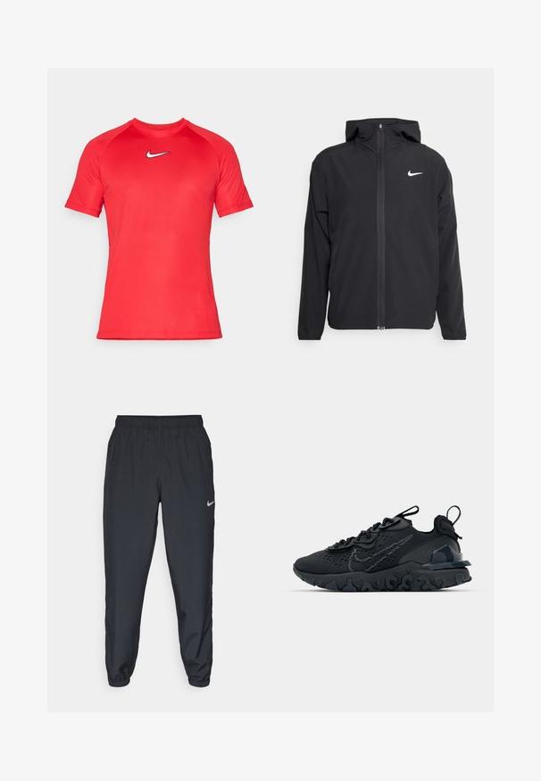 Musta Nike-takki, jossa on huppu, täysimittainen vetoketju edessä ja hienovarainen valkoinen logo vasemmassa rinnassa. Liukas pinta ja kevyt muotoilu.; Punainen urheilupaita lyhyillä hihoilla, joka on valmistettu sileästä kankaasta. Paidassa on valkoinen Nike-logo rinnassa ja raglan-hihasuunnittelu.; Mustat juoksuhousut, jotka on valmistettu kevyestä kankaasta, jossa on joustava vyötärö, nilkkasuut ja huomaamaton Nike-logo vasemmalla puolella.; Mustat urheilukengät, joissa on hengittävä verkkomateriaali, kuvioidut yksityiskohdat ja aallokkomuotoinen kumipohja. Varustettu heijastavalla logolla ja nauhajalustalla.