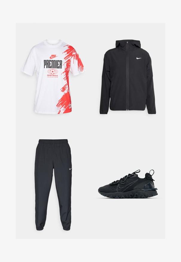 Juodas Nike džemperis su gobtuvu, pilnu priekinio užtrauktuko uždarymu ir subtilia balta logo ant kairiojo krūtinės. Lygus paviršius ir lengvas dizainas.; Balta medvilninė marškinėliai su raudonais šepetėlio bruožais vienoje pusėje, su juodu tekstu, skaitančiu „Nike Premier Football Training Gear.”; Juodos sportinės kelnės iš lengvos medžiagos su elastinga juosta, kulkšnies rankovėmis ir diskretišku Nike logotipu kairėje pusėje.; Juoda sportinė avalynė su kvėpuojančiu tinkliniu viršumi, tekstūruotais akcentais ir banguota guma padais. Yra atspindintis logotipas ir raištelių sistema.